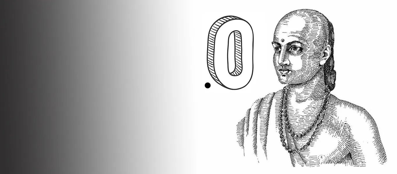 Black and white picture of Aryabhatta with the number 0